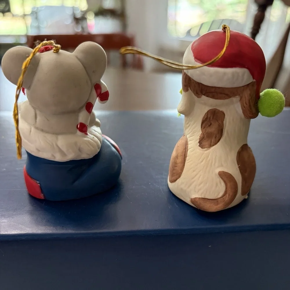Vintage Christmas Ornament Lot Mouse In Boot Puppy In Santa Hat Giftco Bells